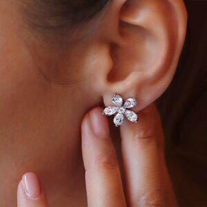 Floral Symphony Earrings | Moissanite Cluster Studs in Platinum-Plated Sterling